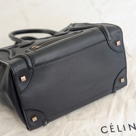 CELINE Calf Leather Tote Bag Navy Luggage Mini 11.8in Gold Authentic Women - Picture 4 of 13